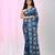 Aegean blue silk blend kantha stitch saree with white peacock & floral thread work