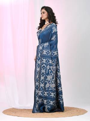 Aegean blue silk blend kantha stitch saree with white peacock & floral thread work 2