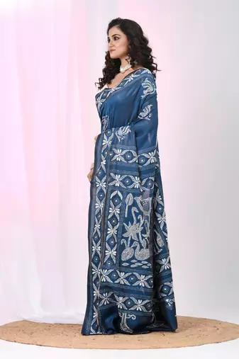 Aegean blue silk blend kantha stitch saree with white peacock & floral thread work