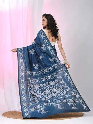 Aegean blue silk blend kantha stitch saree with white peacock & floral thread work 3
