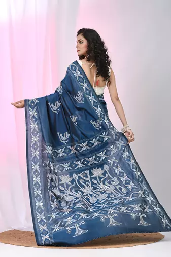 Aegean blue silk blend kantha stitch saree with white peacock & floral thread work