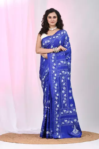 Blue silk blend kantha stitch saree with paisley & floral pattern