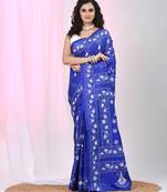 Blue silk blend kantha stitch saree with paisley & floral pattern