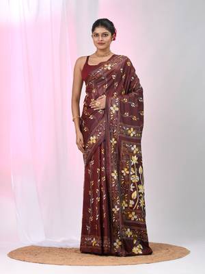 Maroon silk blend kantha stitch saree with multicolor thread work 1