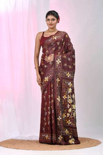 Maroon silk blend kantha stitch saree with multicolor thread work