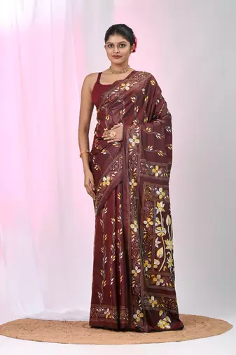 Maroon silk blend kantha stitch saree with multicolor thread work