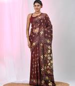 Maroon silk blend kantha stitch saree with multicolor thread work