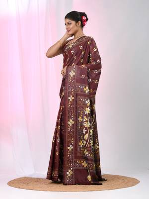 Maroon silk blend kantha stitch saree with multicolor thread work 2