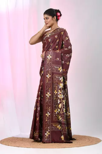 Maroon silk blend kantha stitch saree with multicolor thread work
