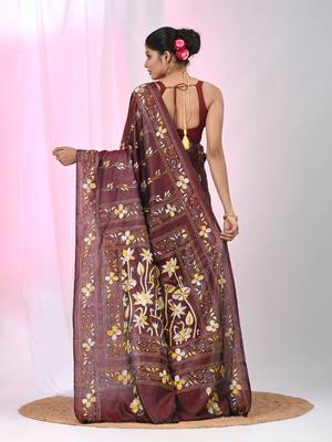 Maroon silk blend kantha stitch saree with multicolor thread work 3