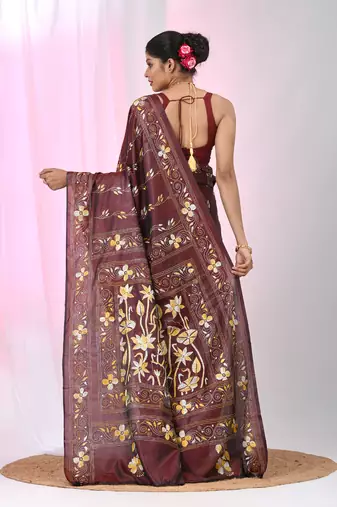 Maroon silk blend kantha stitch saree with multicolor thread work