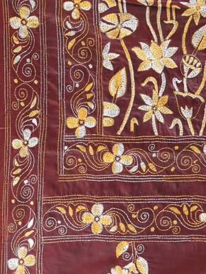 Maroon silk blend kantha stitch saree with multicolor thread work 4