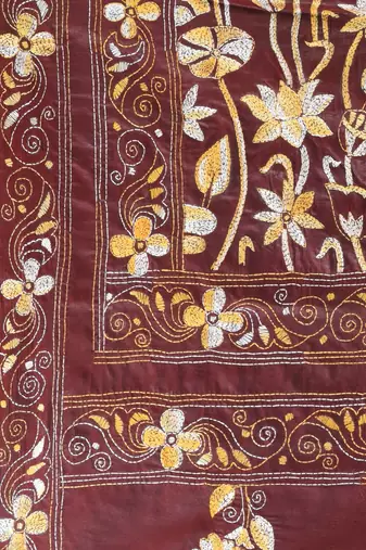 Maroon silk blend kantha stitch saree with multicolor thread work