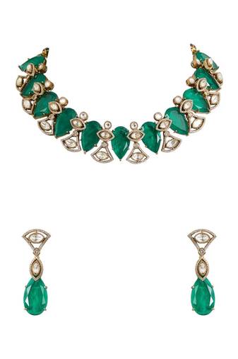 Gold plated green stone choker necklace set