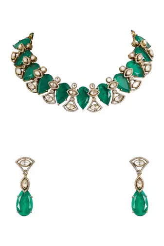 Gold plated green stone choker necklace set