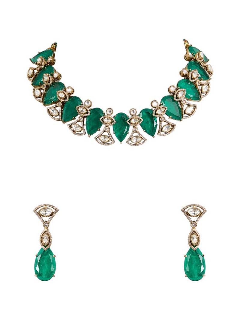 Gold plated green stone choker necklace set