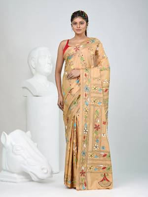 Beige silk blend kantha stitch saree with multicolor thread work 1