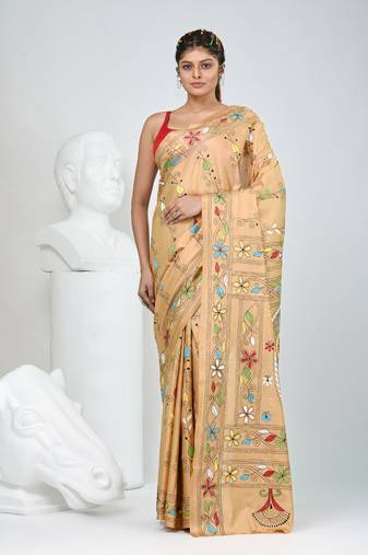 Beige silk blend kantha stitch saree with multicolor thread work