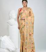 Beige silk blend kantha stitch saree with multicolor thread work