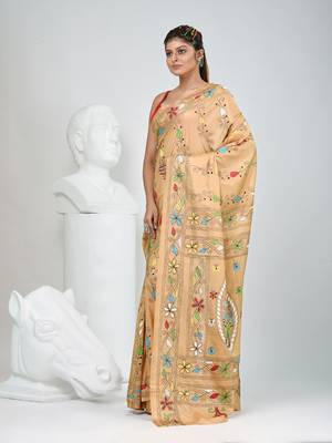 Beige silk blend kantha stitch saree with multicolor thread work 2