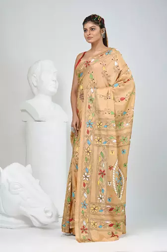Beige silk blend kantha stitch saree with multicolor thread work