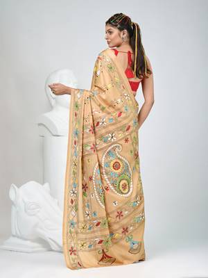 Beige silk blend kantha stitch saree with multicolor thread work 3