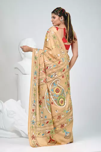 Beige silk blend kantha stitch saree with multicolor thread work
