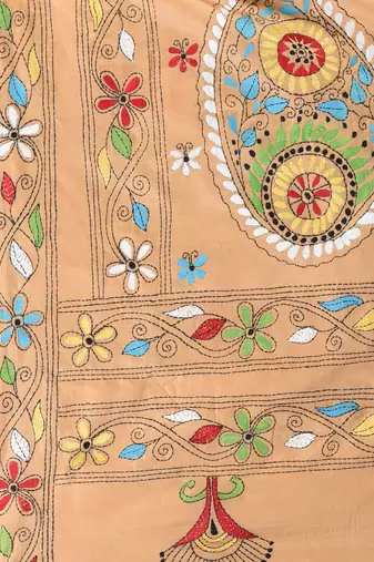 Beige silk blend kantha stitch saree with multicolor thread work
