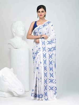 White silk blend kantha stitch saree with peacock & floral motifs 1