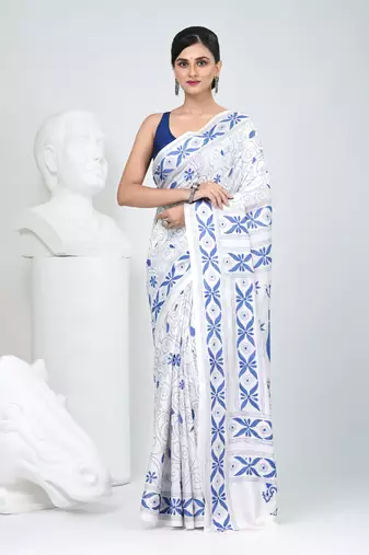 White silk blend kantha stitch saree with peacock & floral motifs