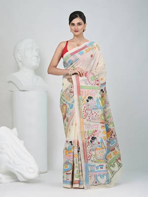 Handcrafted off white tussar silk kantha saree with traditional thread work 5