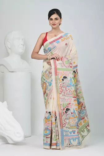 Handcrafted off white tussar silk kantha saree with traditional thread work