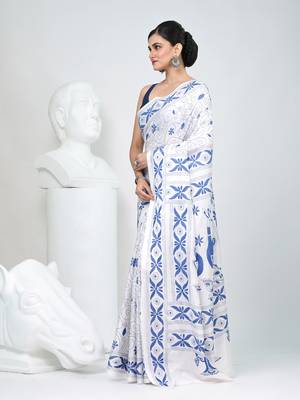 White silk blend kantha stitch saree with peacock & floral motifs 2