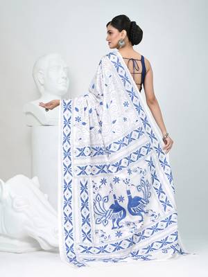 White silk blend kantha stitch saree with peacock & floral motifs 3