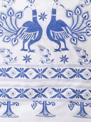 White silk blend kantha stitch saree with peacock & floral motifs 4