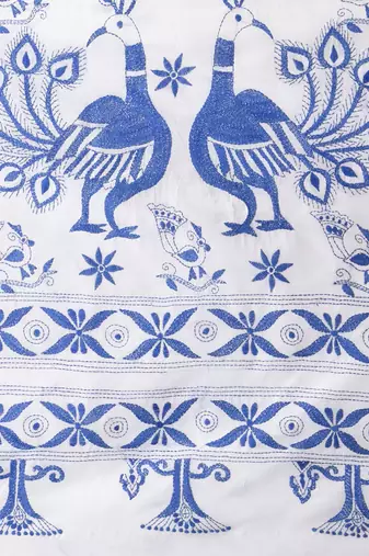 White silk blend kantha stitch saree with peacock & floral motifs