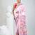 White and pink silk blend batik print kantha work saree with floral motifs