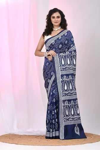 Navy blue silk blend kantha stitch saree with paisley & floral motifs