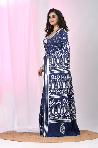 Navy blue silk blend kantha stitch saree with paisley & floral motifs