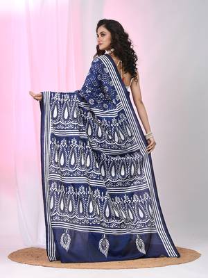 Navy blue silk blend kantha stitch saree with paisley & floral motifs 3