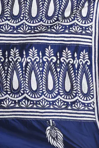 Navy blue silk blend kantha stitch saree with paisley & floral motifs