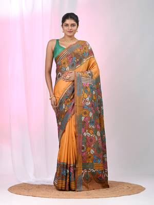Elegant orange and brown silk blend kantha stitch saree with floral motif 1