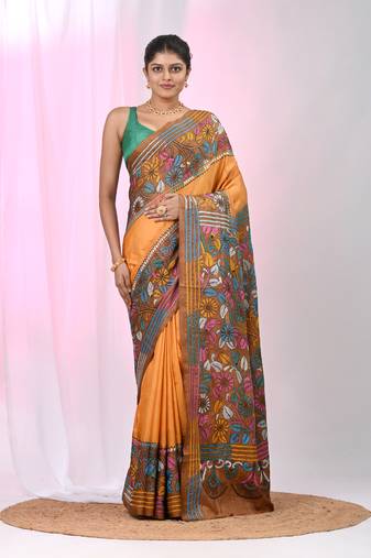 Elegant orange and brown silk blend kantha stitch saree with floral motif