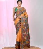 Elegant orange and brown silk blend kantha stitch saree with floral motif