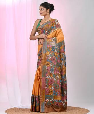 Elegant orange and brown silk blend kantha stitch saree with floral motif 2