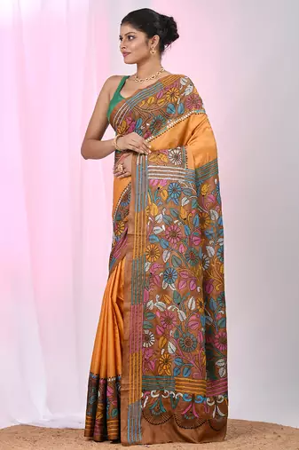 Elegant orange and brown silk blend kantha stitch saree with floral motif