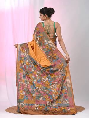 Elegant orange and brown silk blend kantha stitch saree with floral motif 3