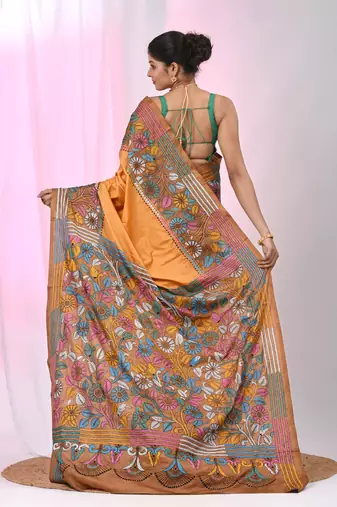 Elegant orange and brown silk blend kantha stitch saree with floral motif
