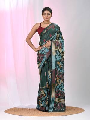 Emerald green silk blend kantha stitch saree with multicolor thread work 1