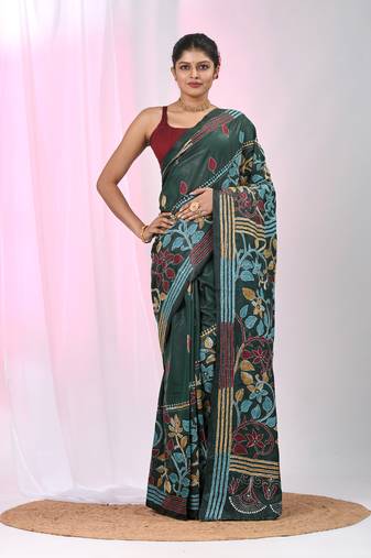Emerald green silk blend kantha stitch saree with multicolor thread work